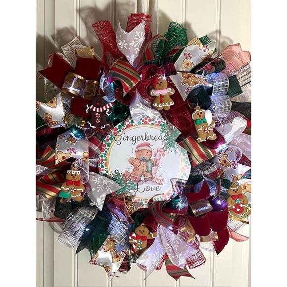 Handmade Gingerbread Love Christmas Holiday Ribbon Door Wreath 22 ins W56 - Picture 11 of 13
